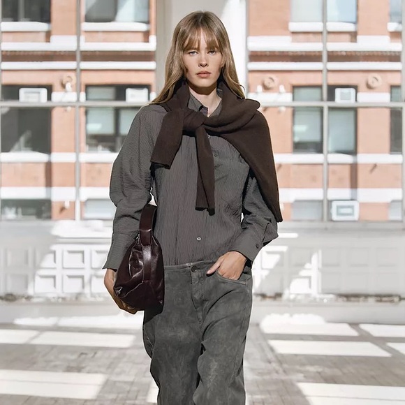 ZARA ZW COLLECTION STRIPED BUTTON DOWN SHIRT POCKET MODAL EDGY CAREER Gray L - Picture 9 of 12